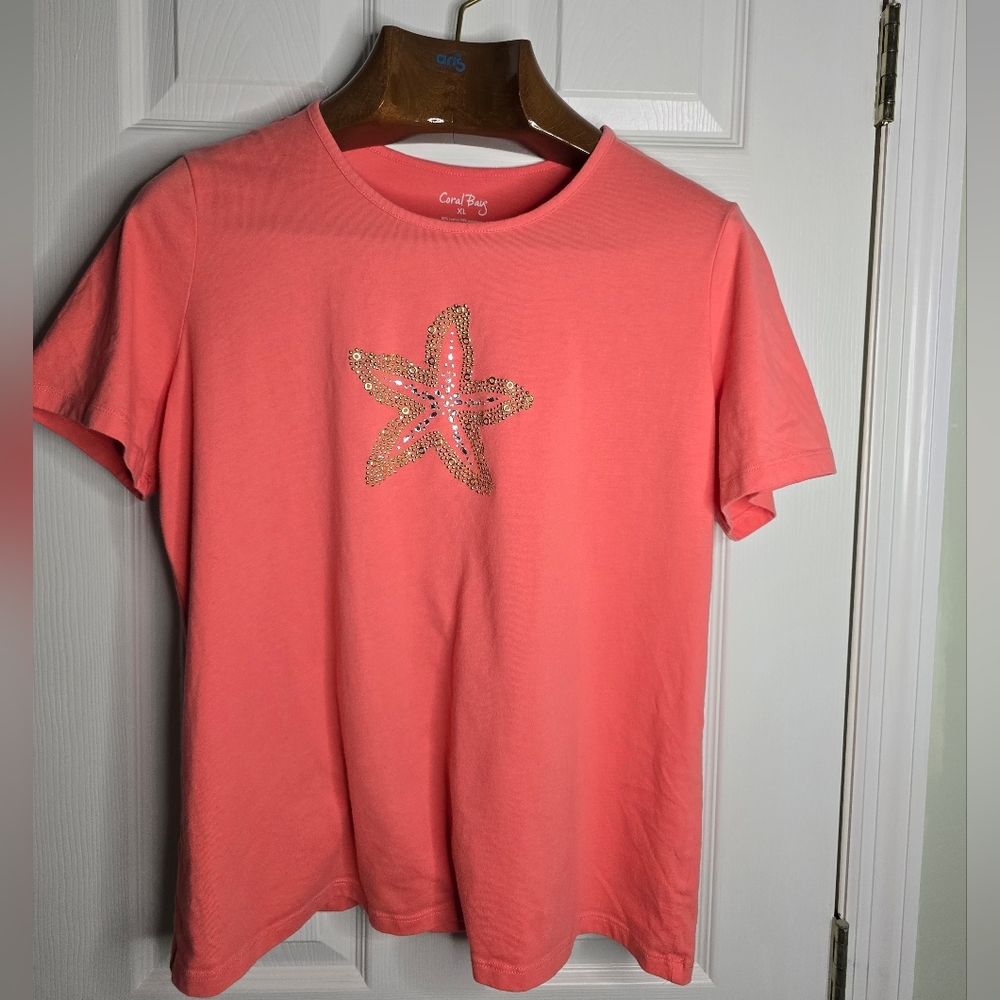 Coral Bay Pink Starfish Embellished Coastal Grandmother ResortwearTop